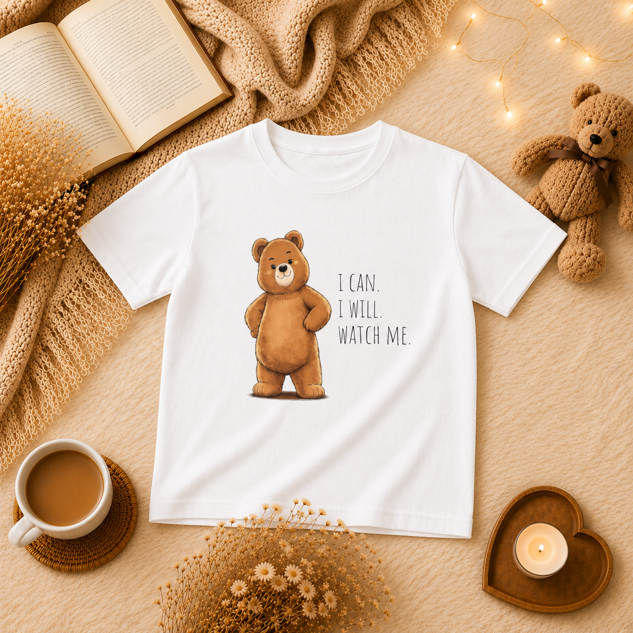 I Can. I Will. Watch Me. Cute Bear Kids T-Shirt | Motivational Bear Graphic Tee | Youth XS-XL | Ages 4-14