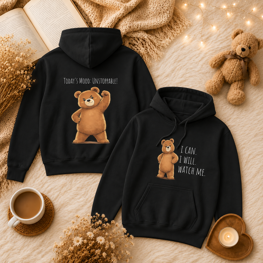 I Can. I Will. Watch Me. Kids Hoodie | Motivational Bear Hoodie | Cute Bear Graphic Hoodie | Cute Bear Hoodie for Kids | Ages 4-14