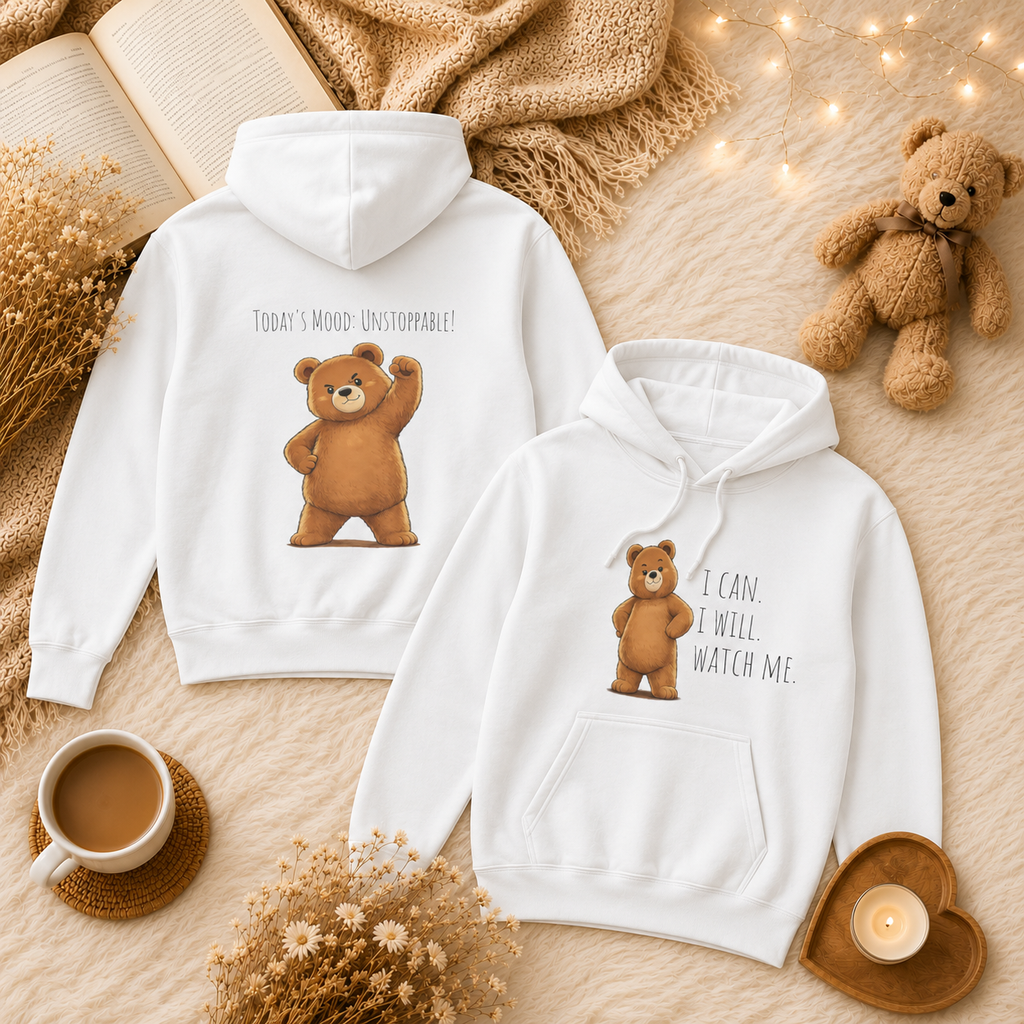 I Can. I Will. Watch Me. Kids Hoodie | Motivational Bear Hoodie | Cute Bear Graphic Hoodie | Cute Bear Hoodie for Kids | Ages 4-14
