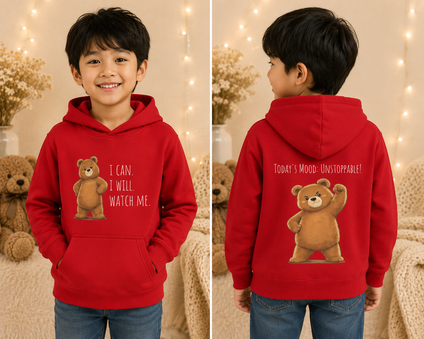 I Can. I Will. Watch Me. Kids Hoodie | Motivational Bear Hoodie | Cute Bear Graphic Hoodie | Cute Bear Hoodie for Kids | Ages 4-14