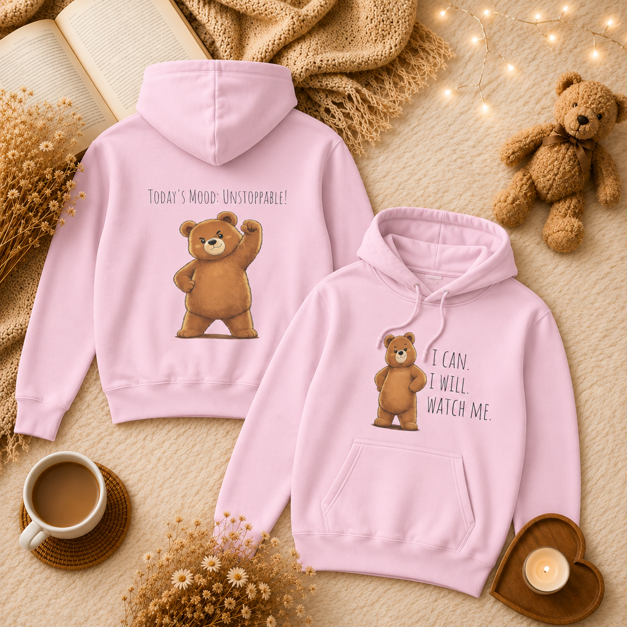 I Can. I Will. Watch Me. Kids Hoodie | Motivational Bear Hoodie | Cute Bear Graphic Hoodie | Cute Bear Hoodie for Kids | Ages 4-14