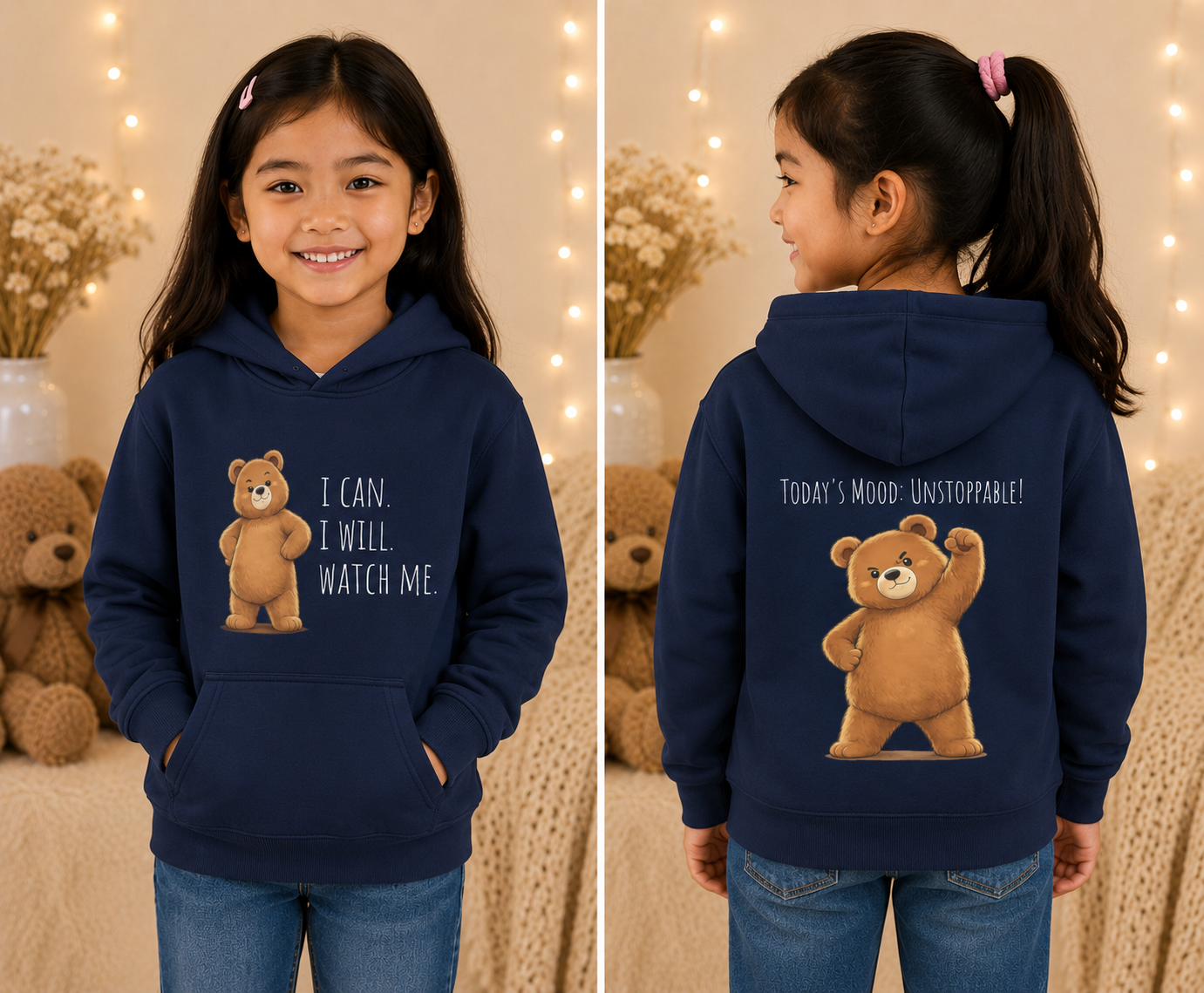I Can. I Will. Watch Me. Kids Hoodie | Motivational Bear Hoodie | Cute Bear Graphic Hoodie | Cute Bear Hoodie for Kids | Ages 4-14