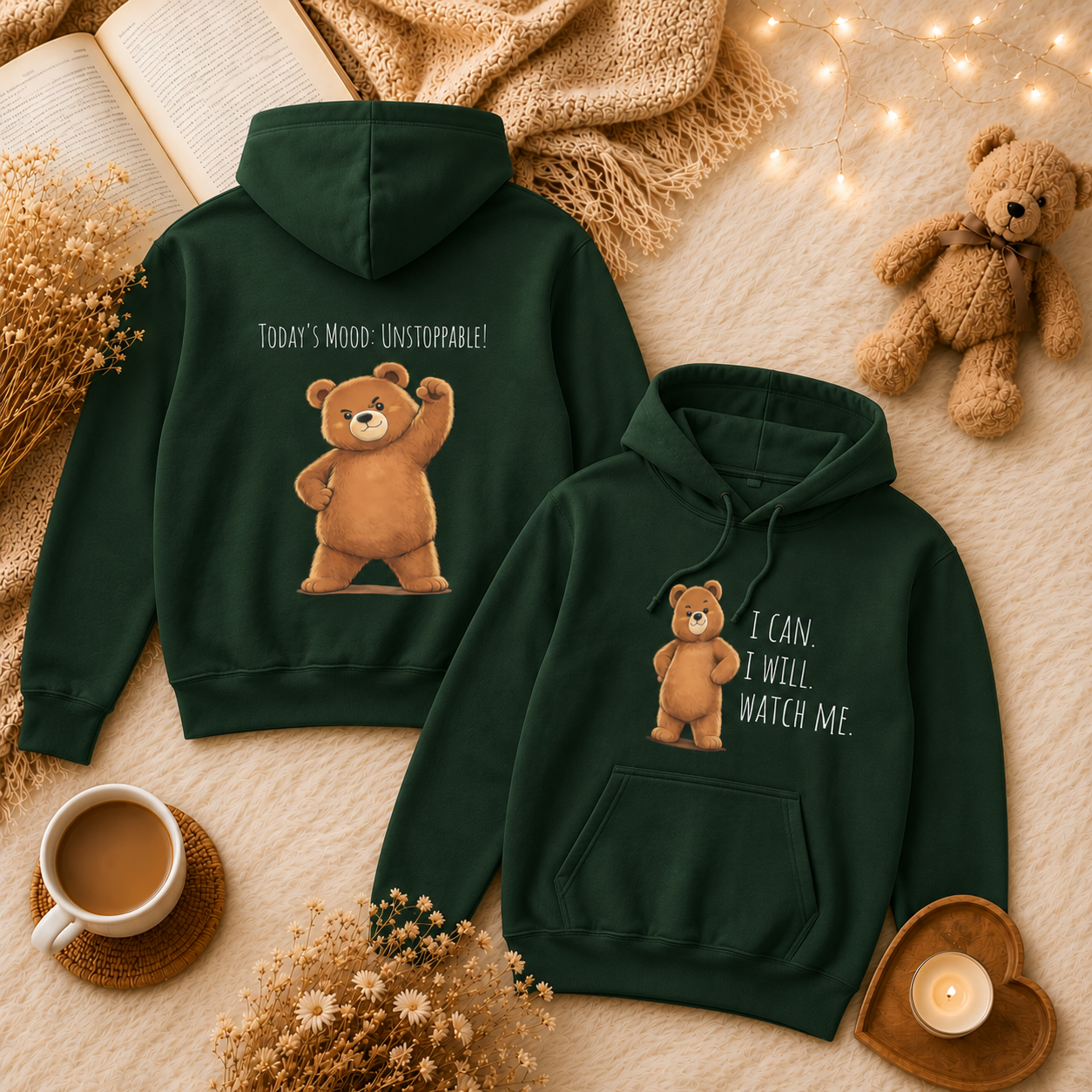 I Can. I Will. Watch Me. Kids Hoodie | Motivational Bear Hoodie | Cute Bear Graphic Hoodie | Cute Bear Hoodie for Kids | Ages 4-14