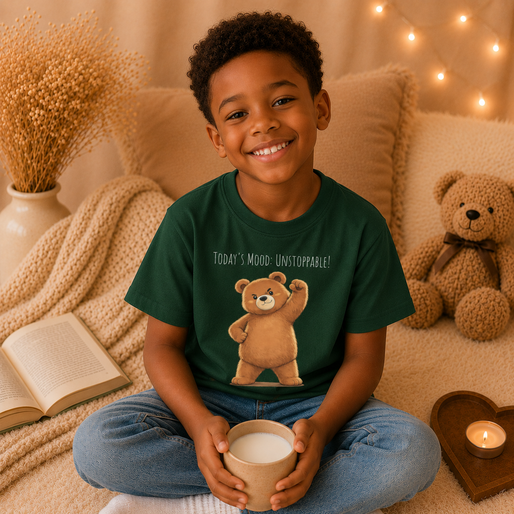 Today's Mood: Unstoppable Cute Bear Kids T-Shirt | Motivational Bear Graphic Tee | Youth XS-XL | Ages 4-14