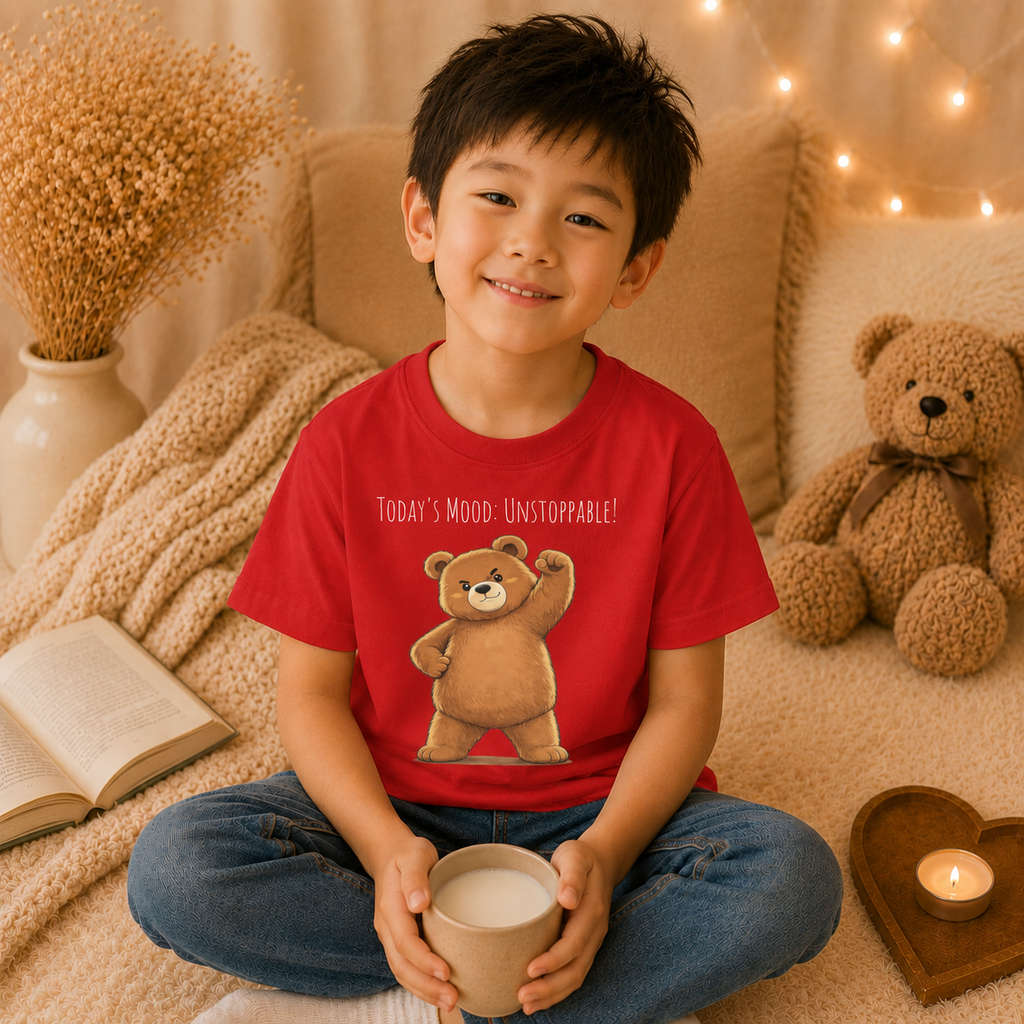 Today's Mood: Unstoppable Cute Bear Kids T-Shirt | Motivational Bear Graphic Tee | Youth XS-XL | Ages 4-14