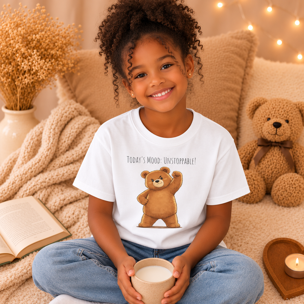 Today's Mood: Unstoppable Cute Bear Kids T-Shirt | Motivational Bear Graphic Tee | Youth XS-XL | Ages 4-14