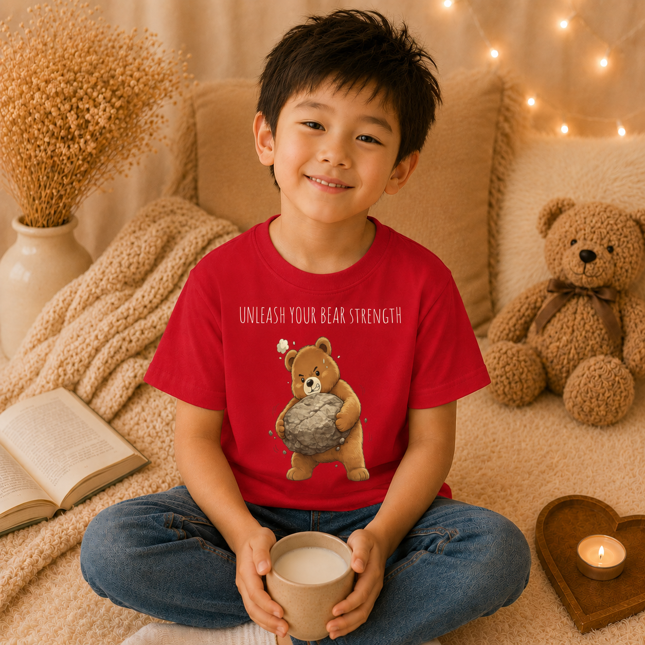 Unleash Your Bear Strength Cute Bear Kids T-Shirt | Motivational Bear Graphic Tee | Youth XS-XL | Ages 4-14