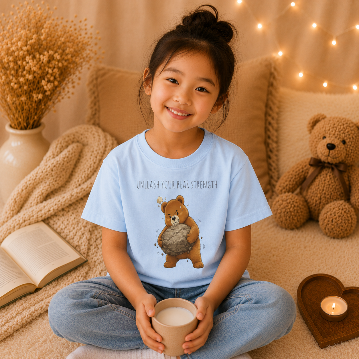 Unleash Your Bear Strength Cute Bear Kids T-Shirt | Motivational Bear Graphic Tee | Youth XS-XL | Ages 4-14
