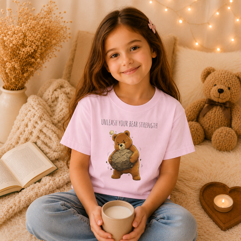 Unleash Your Bear Strength Cute Bear Kids T-Shirt | Motivational Bear Graphic Tee | Youth XS-XL | Ages 4-14