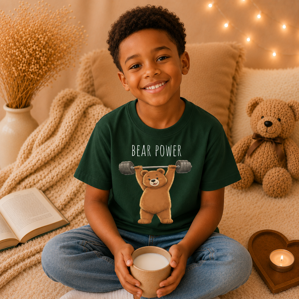 Bear Power Cute Bear Kids T-Shirt | Motivational Bear Graphic Tee | Youth XS-XL | Ages 4-14