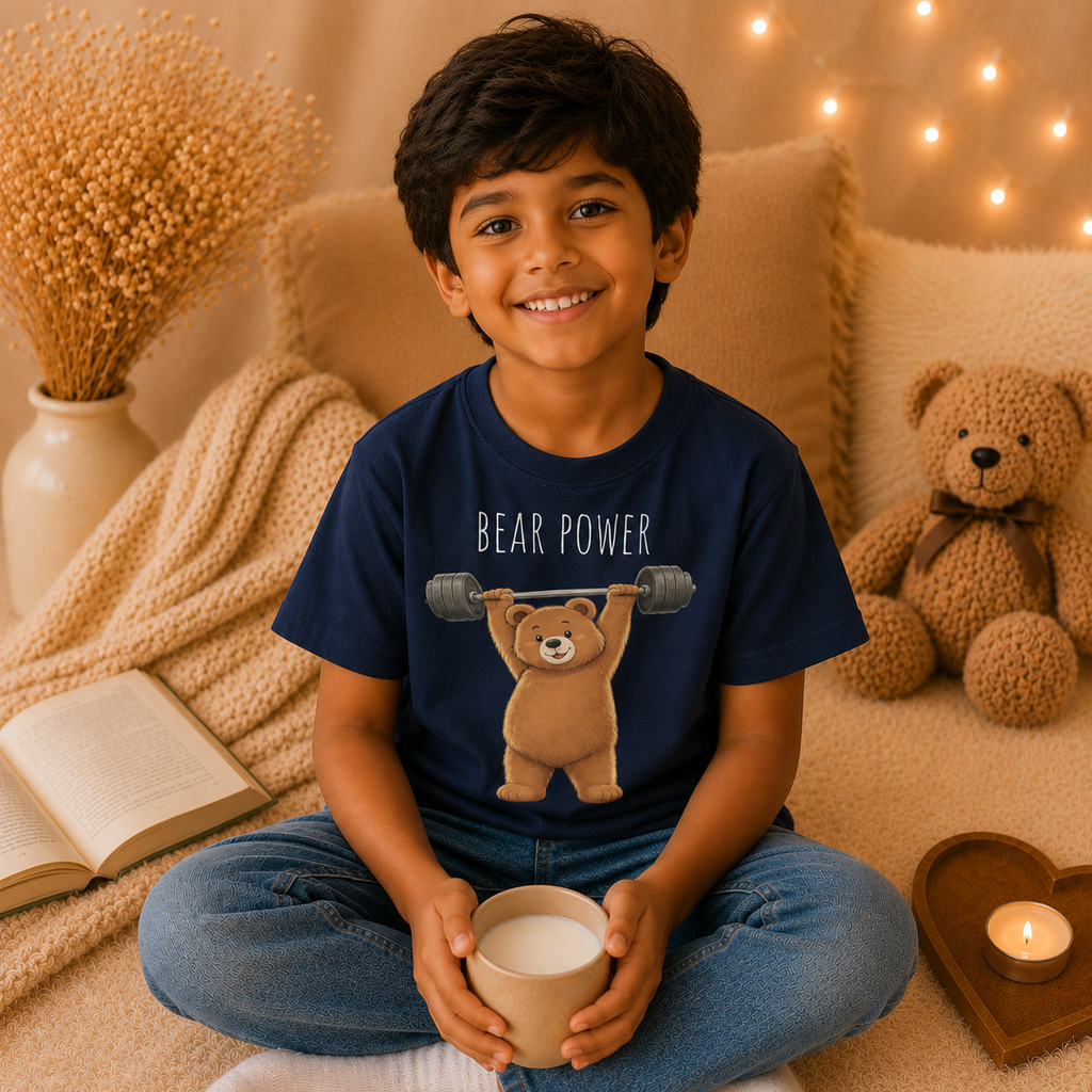 Bear Power Cute Bear Kids T-Shirt | Motivational Bear Graphic Tee | Youth XS-XL | Ages 4-14