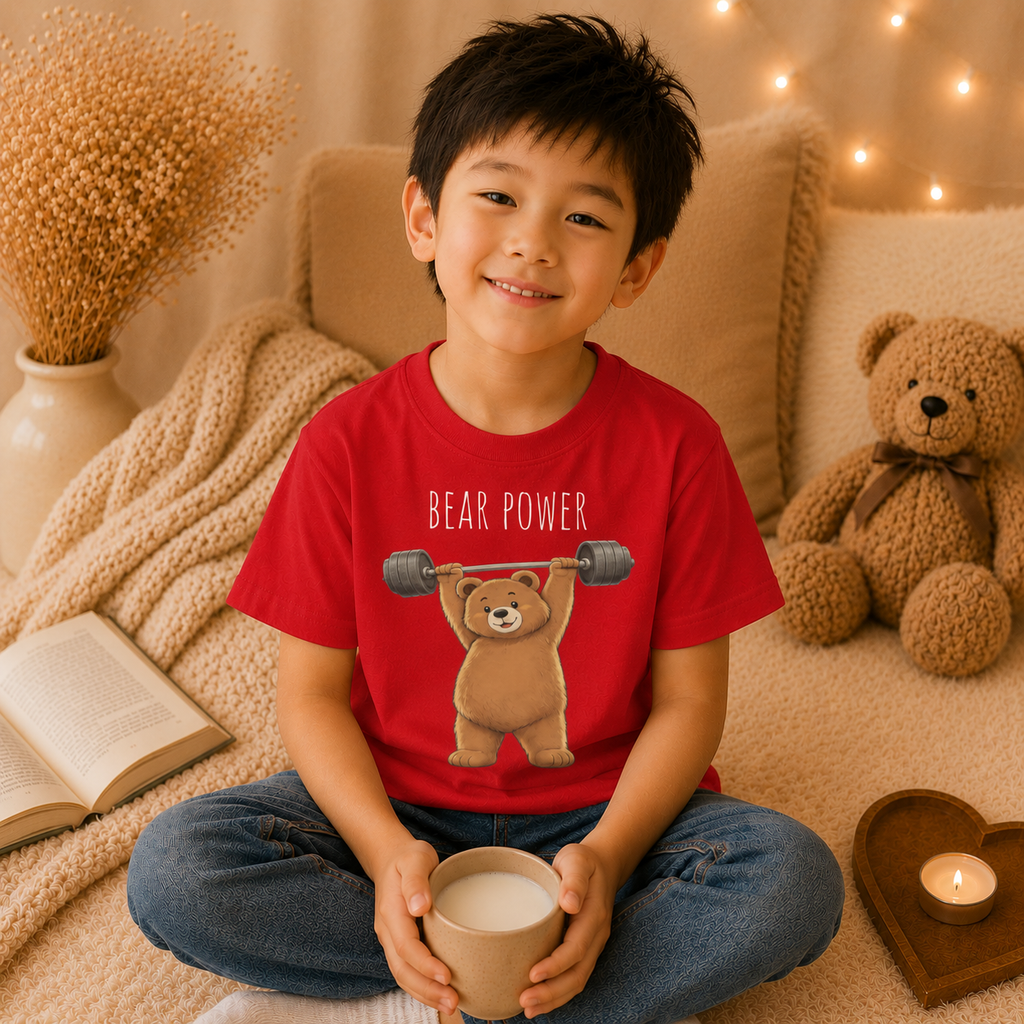 Bear Power Cute Bear Kids T-Shirt | Motivational Bear Graphic Tee | Youth XS-XL | Ages 4-14