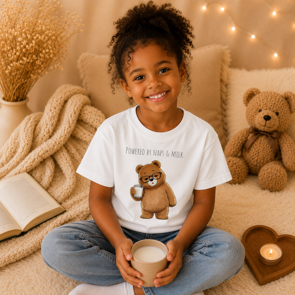 Powered by Naps & Milk Cute Bear Kids T-Shirt |  Bear Graphic Tee | Youth XS-XL | Ages 4-14