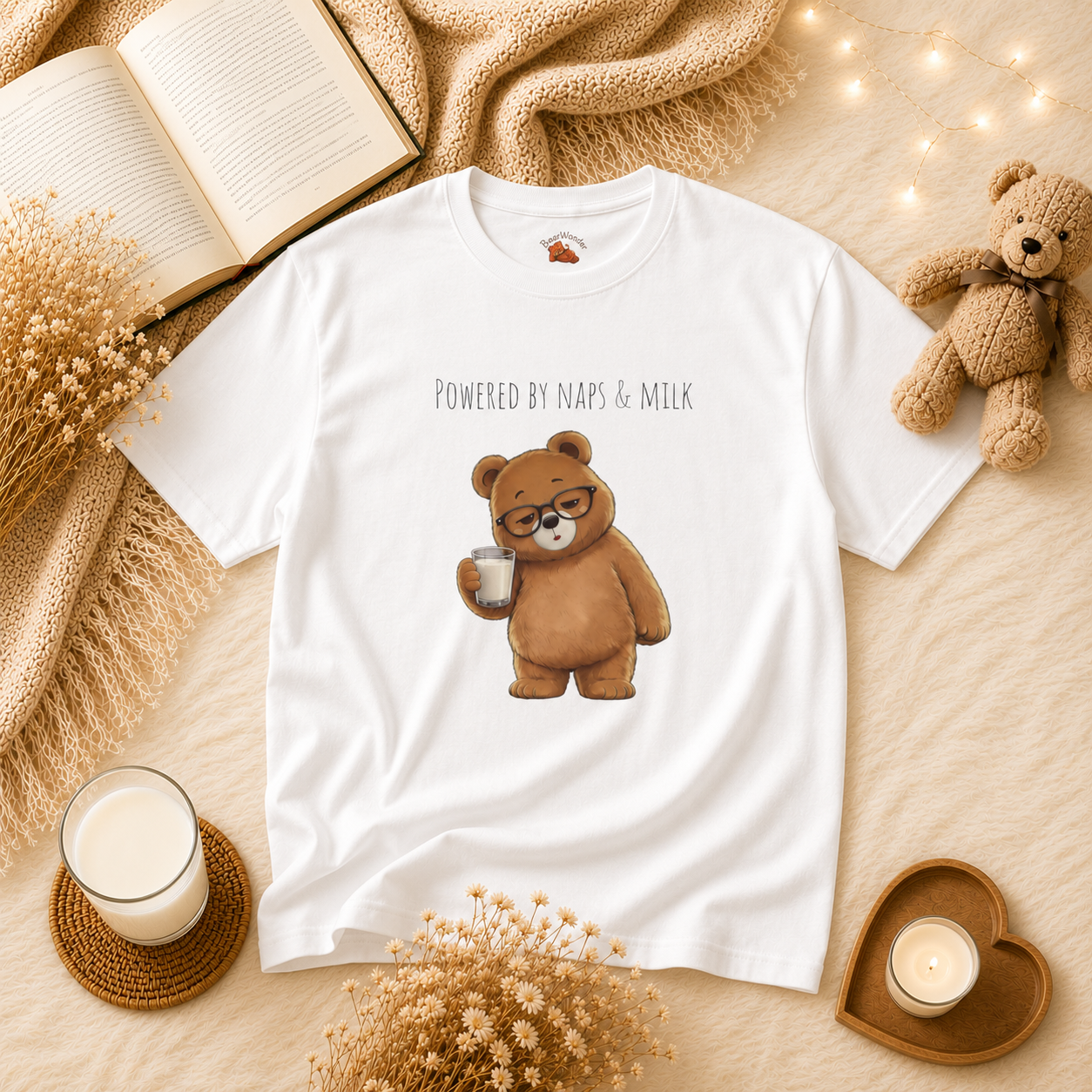 Powered by Naps & Milk Cute Bear Kids T-Shirt |  Bear Graphic Tee | Youth XS-XL | Ages 4-14
