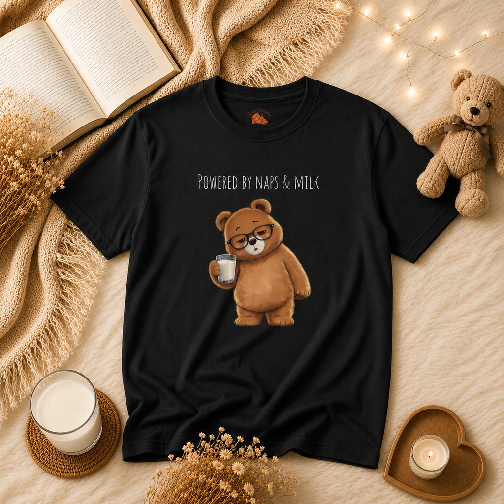 Powered by Naps & Milk Cute Bear Kids T-Shirt |  Bear Graphic Tee | Youth XS-XL | Ages 4-14
