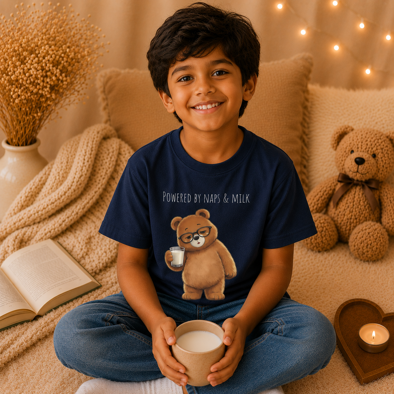 Powered by Naps & Milk Cute Bear Kids T-Shirt |  Bear Graphic Tee | Youth XS-XL | Ages 4-14
