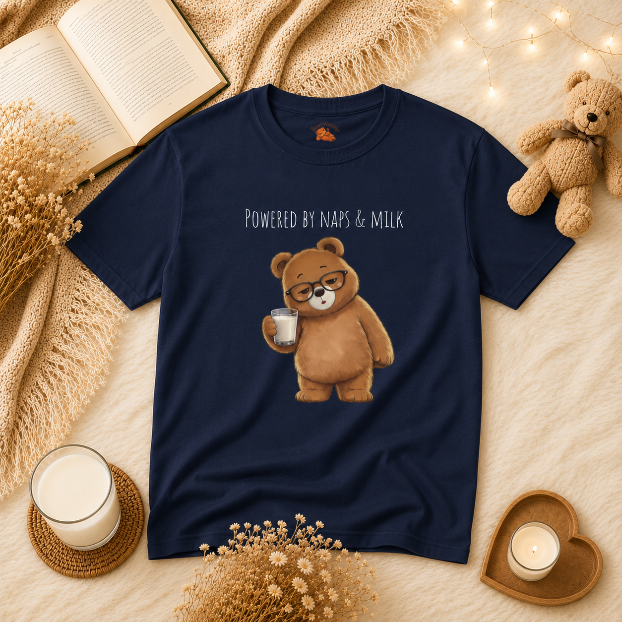 Powered by Naps & Milk Cute Bear Kids T-Shirt |  Bear Graphic Tee | Youth XS-XL | Ages 4-14