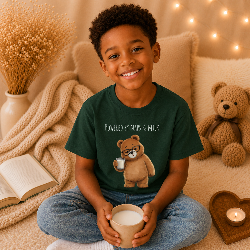 Powered by Naps & Milk Cute Bear Kids T-Shirt |  Bear Graphic Tee | Youth XS-XL | Ages 4-14
