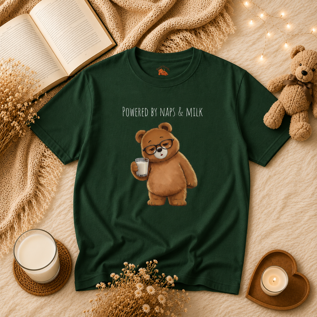 Powered by Naps & Milk Cute Bear Kids T-Shirt |  Bear Graphic Tee | Youth XS-XL | Ages 4-14