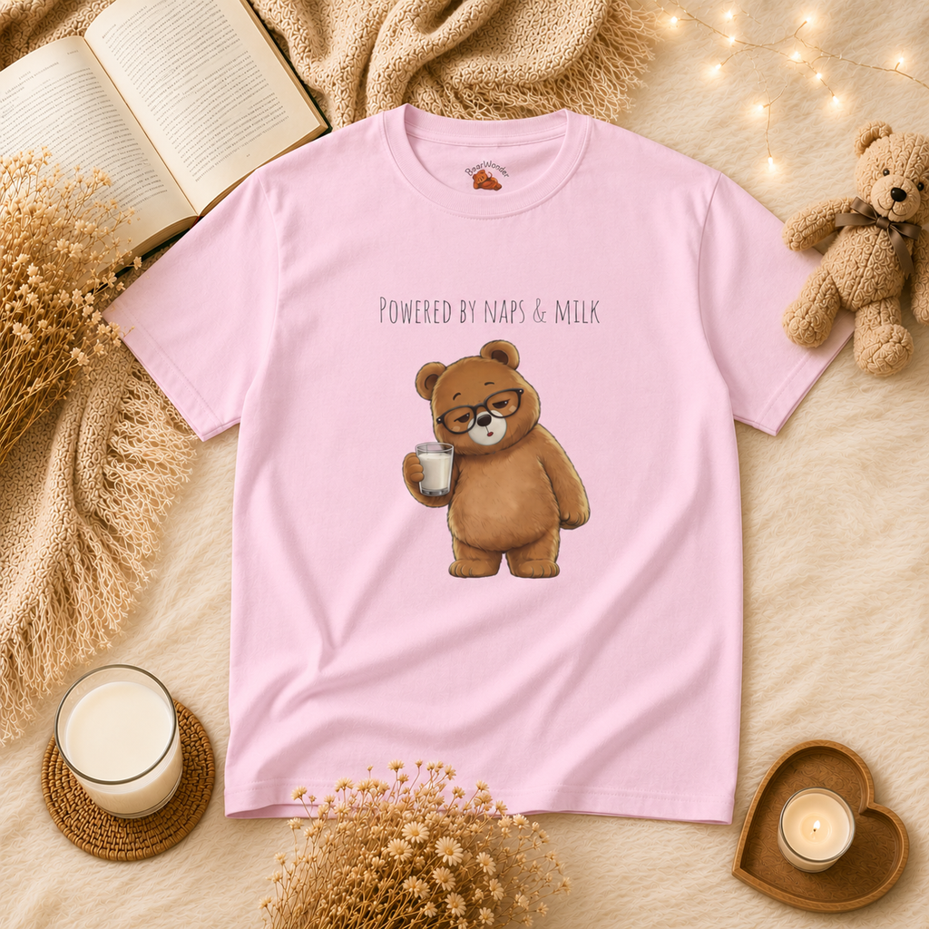 Powered by Naps & Milk Cute Bear Kids T-Shirt |  Bear Graphic Tee | Youth XS-XL | Ages 4-14