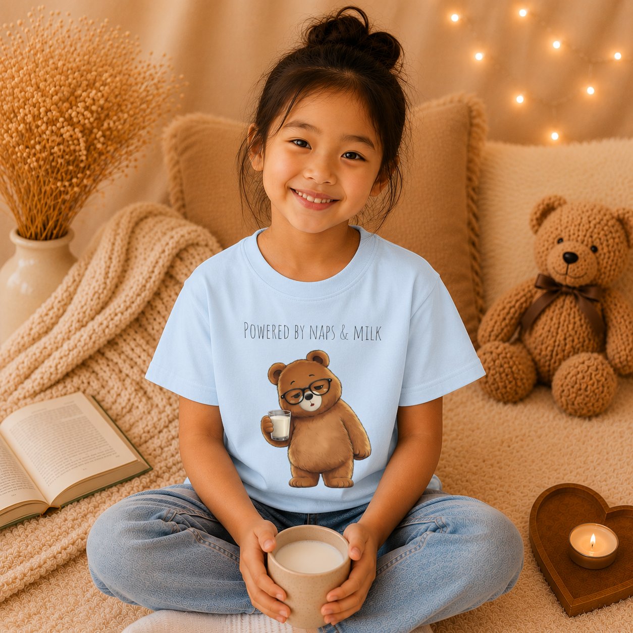 Powered by Naps & Milk Cute Bear Kids T-Shirt |  Bear Graphic Tee | Youth XS-XL | Ages 4-14