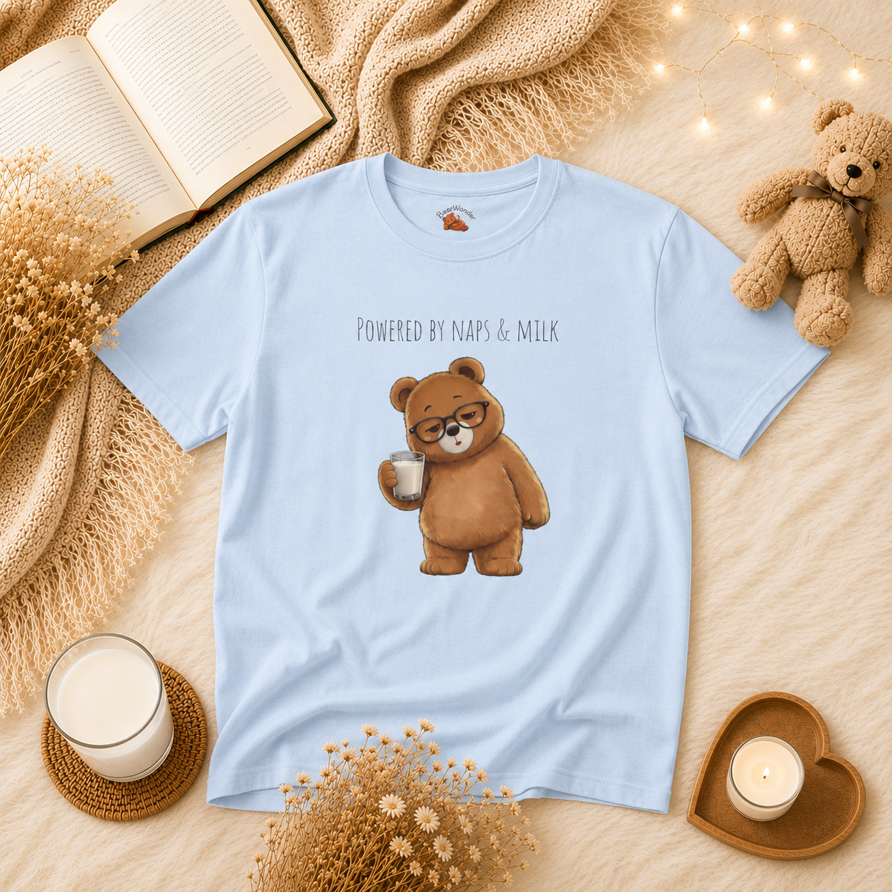 Powered by Naps & Milk Cute Bear Kids T-Shirt |  Bear Graphic Tee | Youth XS-XL | Ages 4-14