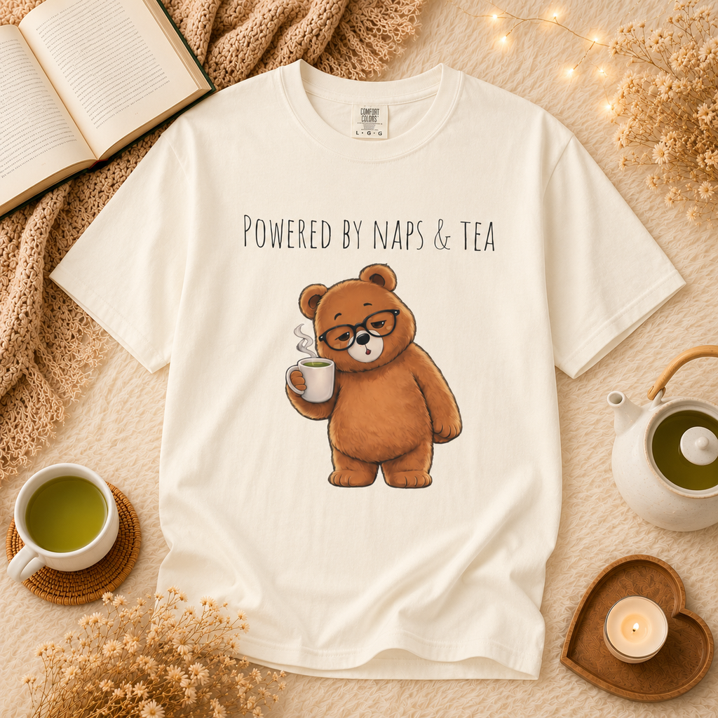 Powered By Naps & Tea Bear Shirt | Cute Tea Lover T-Shirt | Cozy Bear Graphic Tee | Book Lover Gift | Unisex Comfort Colors Tee