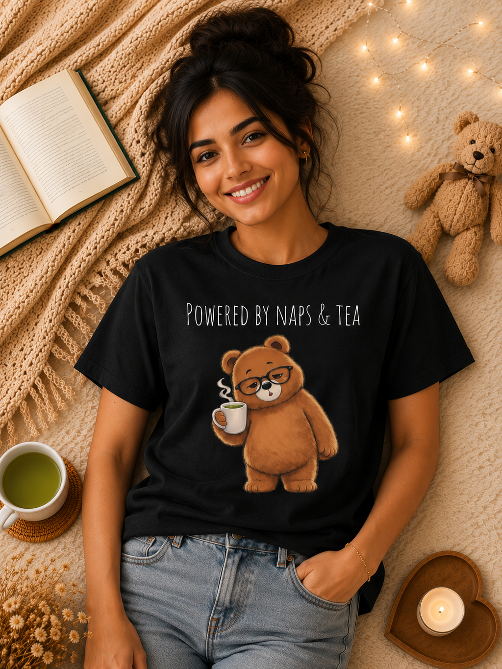 Powered By Naps & Tea Bear Shirt | Cute Tea Lover T-Shirt | Cozy Bear Graphic Tee | Book Lover Gift | Unisex Comfort Colors Tee