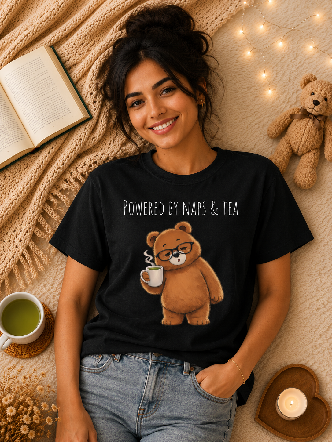 Powered By Naps & Tea Bear Shirt | Cute Tea Lover T-Shirt | Cozy Bear Graphic Tee | Book Lover Gift | Unisex Comfort Colors Tee