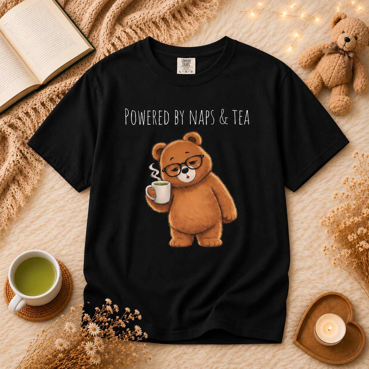 Powered By Naps & Tea Bear Shirt | Cute Tea Lover T-Shirt | Cozy Bear Graphic Tee | Book Lover Gift | Unisex Comfort Colors Tee