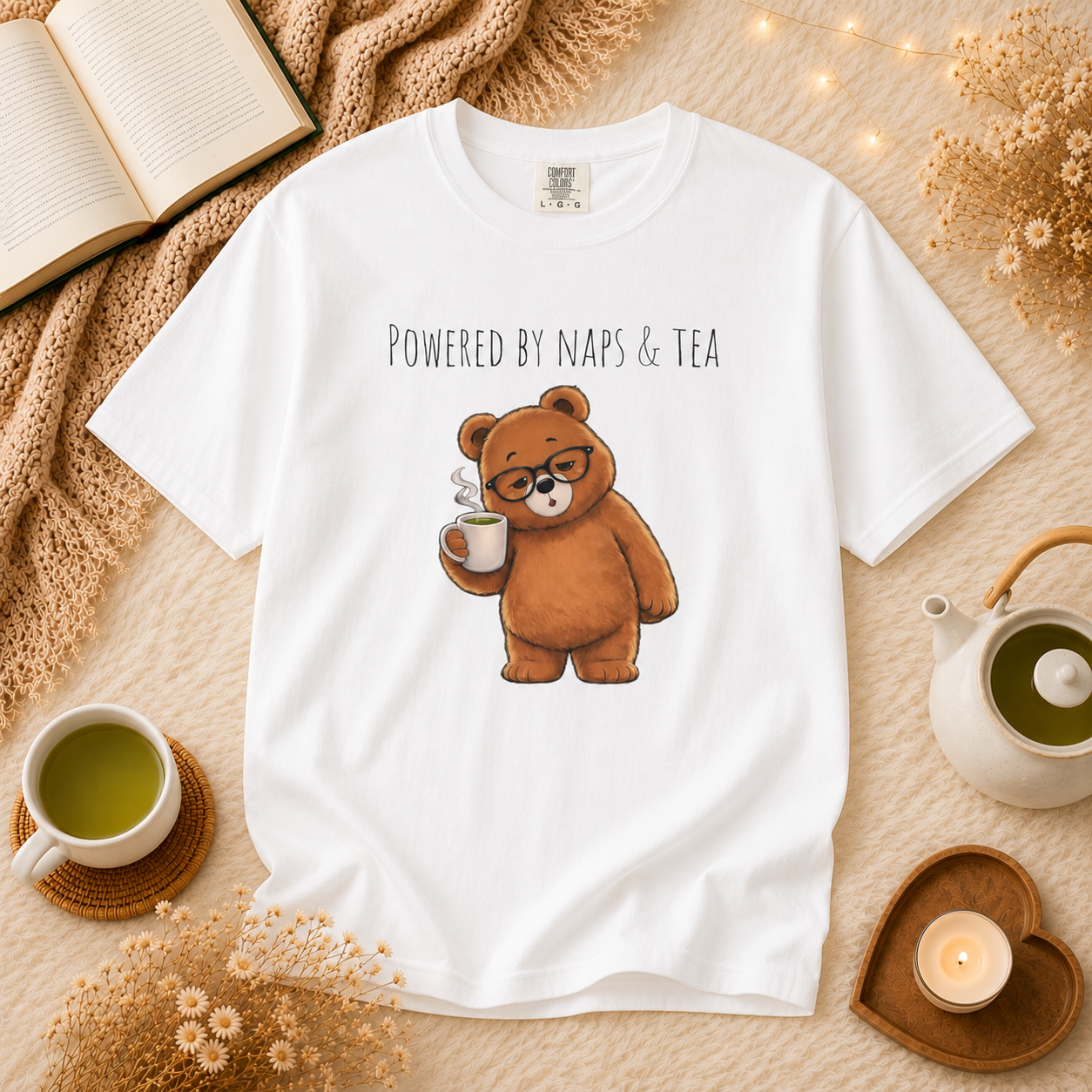 Powered By Naps & Tea Bear Shirt | Cute Tea Lover T-Shirt | Cozy Bear Graphic Tee | Book Lover Gift | Unisex Comfort Colors Tee
