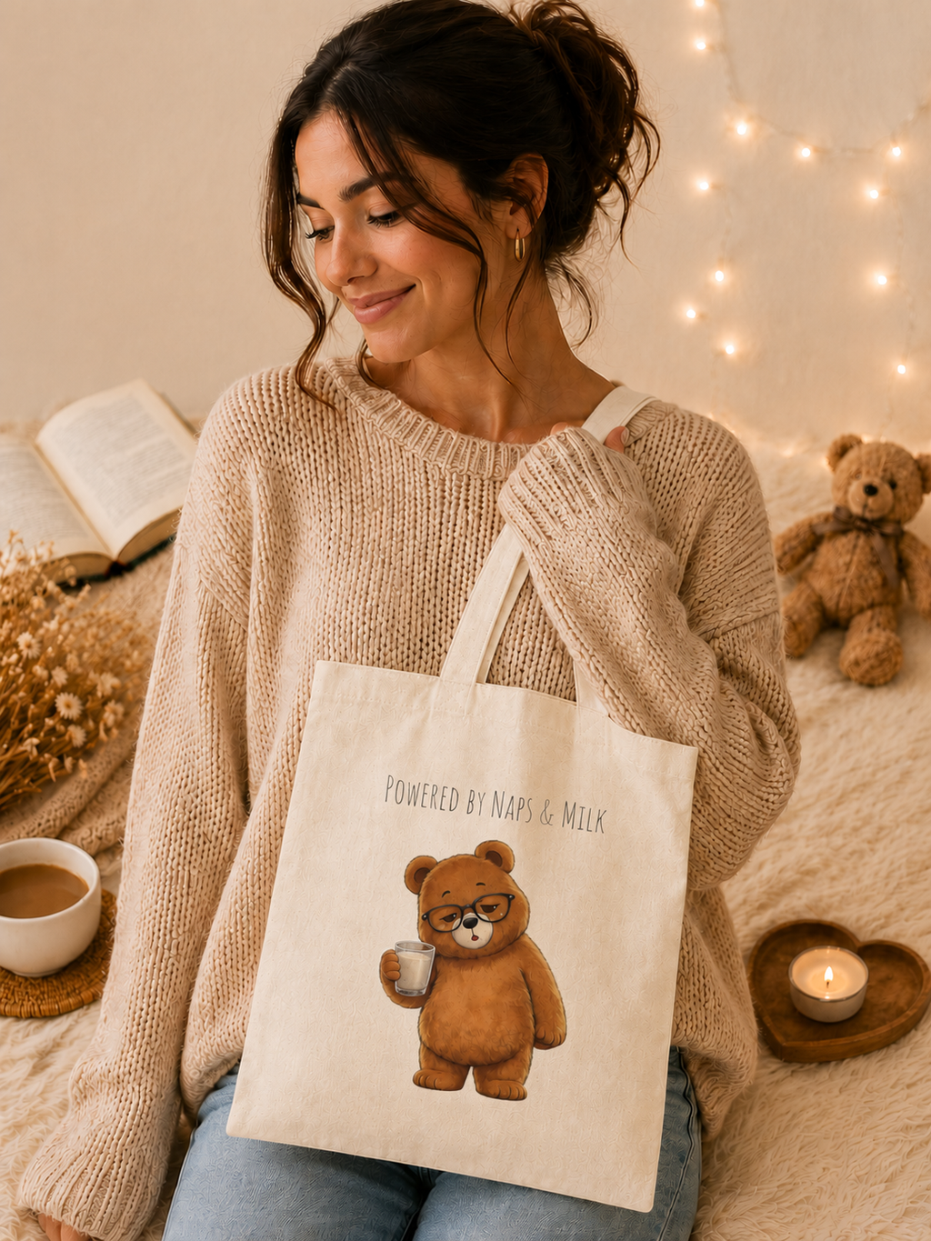 Powered by Naps & Milk Cute Bear Canvas Tote Bag| Funny Teddy Bear Reusable Shopping Bag | Bear Lover Gift |Reusable Shoulder Bag