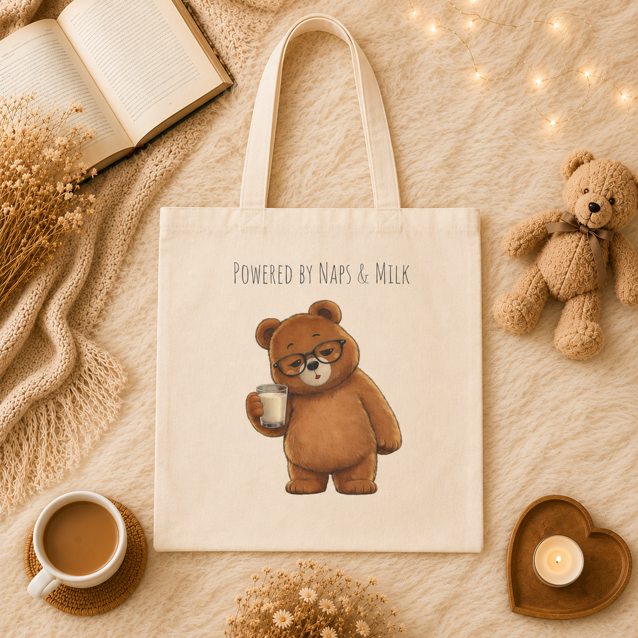 Powered by Naps & Milk Cute Bear Canvas Tote Bag| Funny Teddy Bear Reusable Shopping Bag | Bear Lover Gift |Reusable Shoulder Bag