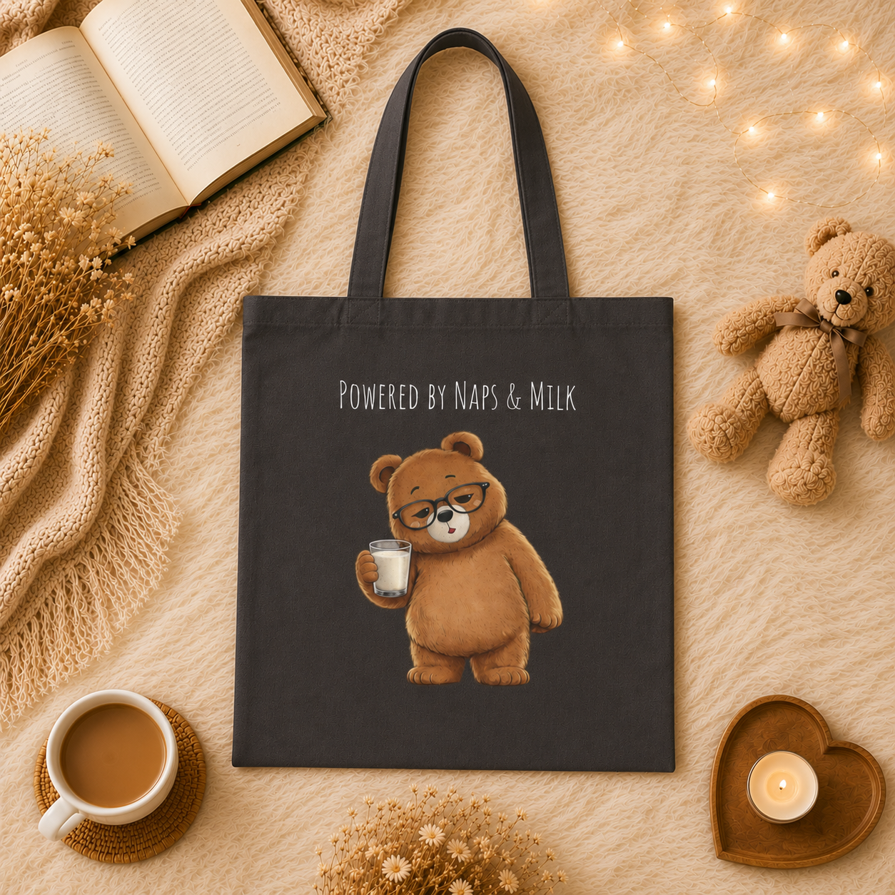Powered by Naps & Milk Cute Bear Canvas Tote Bag| Funny Teddy Bear Reusable Shopping Bag | Bear Lover Gift |Reusable Shoulder Bag
