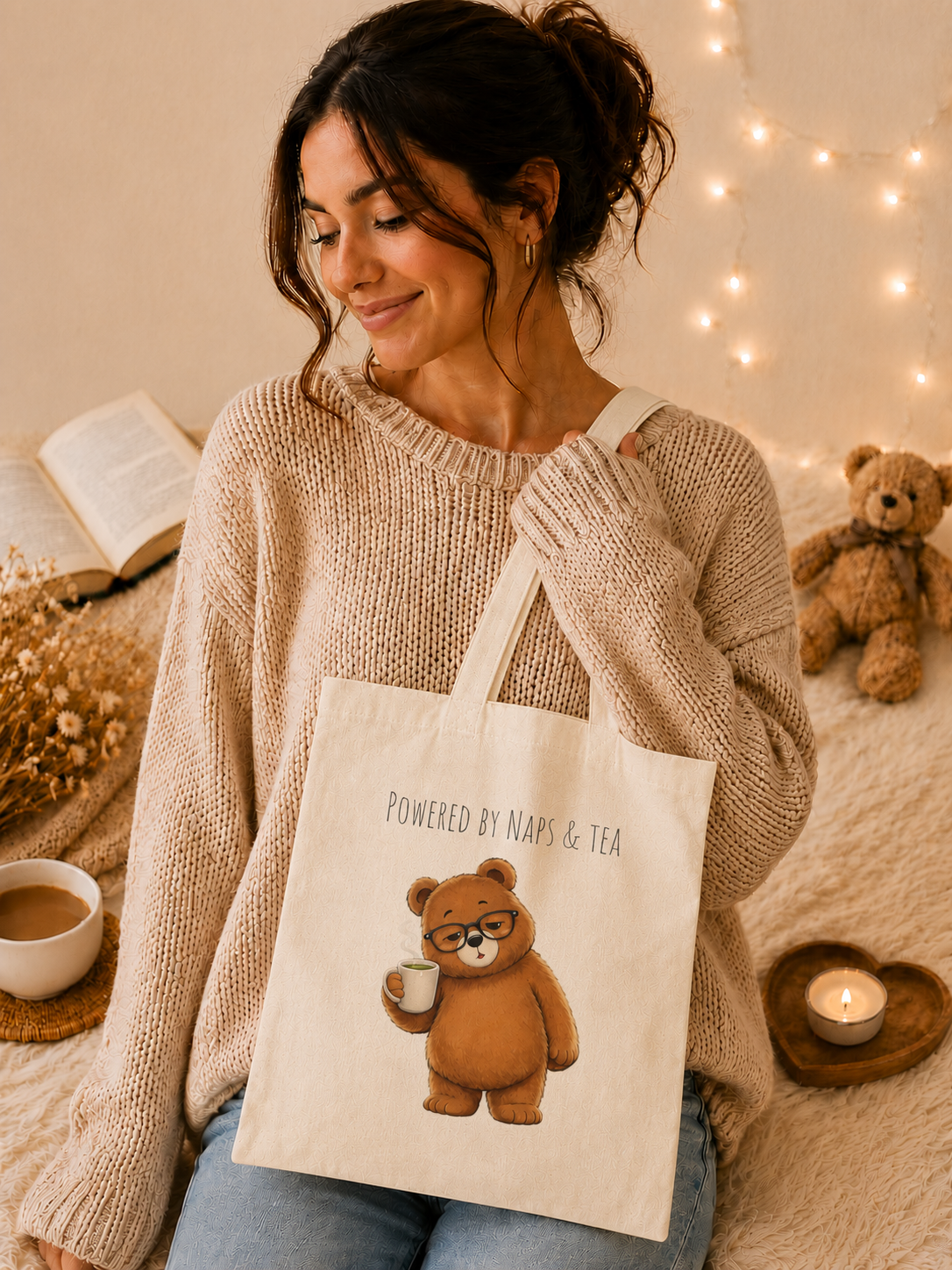 Powered by Naps & Tea Cute Bear Canvas Tote Bag| Funny Teddy Bear Reusable Shopping Bag | Bear Lover Gift |Reusable Shoulder Bag