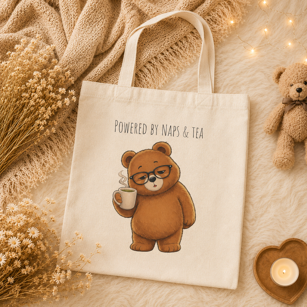 Powered by Naps & Tea Cute Bear Canvas Tote Bag| Funny Teddy Bear Reusable Shopping Bag | Bear Lover Gift |Reusable Shoulder Bag
