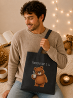Powered by Naps & Tea Cute Bear Canvas Tote Bag| Funny Teddy Bear Reusable Shopping Bag | Bear Lover Gift |Reusable Shoulder Bag