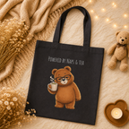 Powered by Naps & Tea Cute Bear Canvas Tote Bag| Funny Teddy Bear Reusable Shopping Bag | Bear Lover Gift |Reusable Shoulder Bag