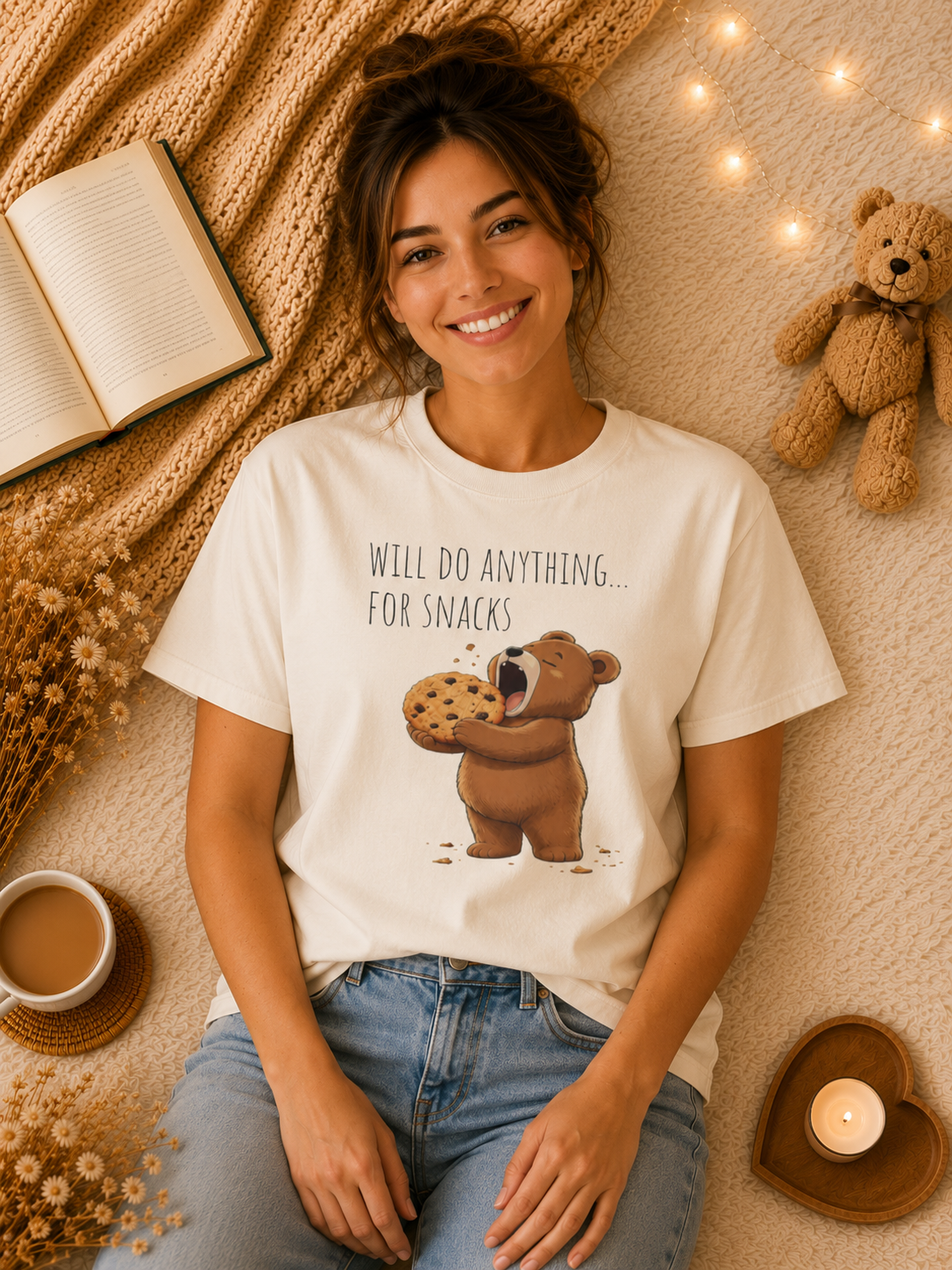 Will Do Anything for Snacks Bear Shirt | Funny Foodie T-Shirt | Cute Bear Graphic Tee | Gift for Snack Lovers
