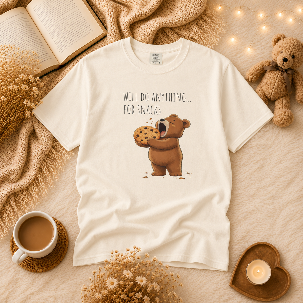 Will Do Anything for Snacks Bear Shirt | Funny Foodie T-Shirt | Cute Bear Graphic Tee | Gift for Snack Lovers