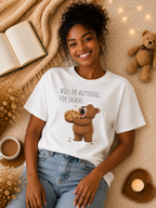 Will Do Anything for Snacks Bear Shirt | Funny Foodie T-Shirt | Cute Bear Graphic Tee | Gift for Snack Lovers