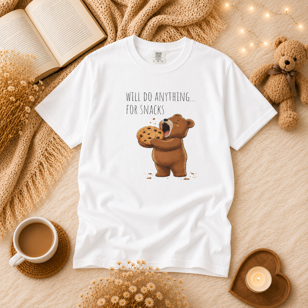 Will Do Anything for Snacks Bear Shirt | Funny Foodie T-Shirt | Cute Bear Graphic Tee | Gift for Snack Lovers