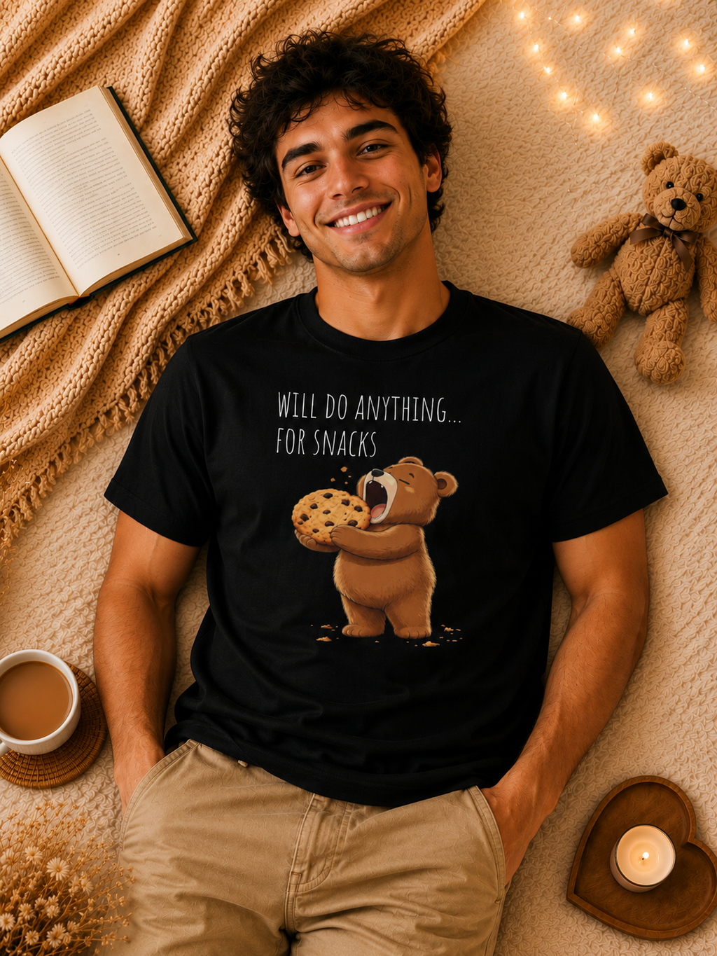 Will Do Anything for Snacks Bear Shirt | Funny Foodie T-Shirt | Cute Bear Graphic Tee | Gift for Snack Lovers