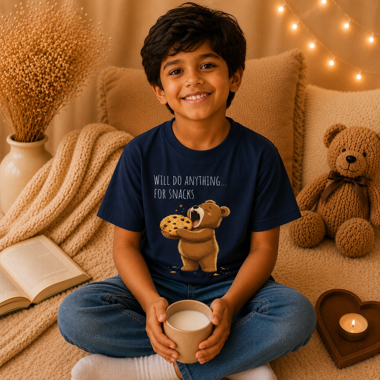 Will Do Anything for Snacks Kids T-Shirt |  Bear Graphic Tee | Youth XS-XL | Ages 4-14