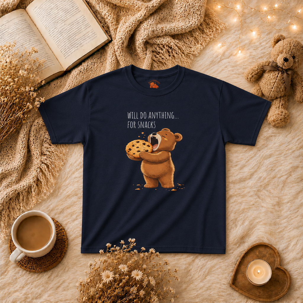 Will Do Anything for Snacks Kids T-Shirt |  Bear Graphic Tee | Youth XS-XL | Ages 4-14