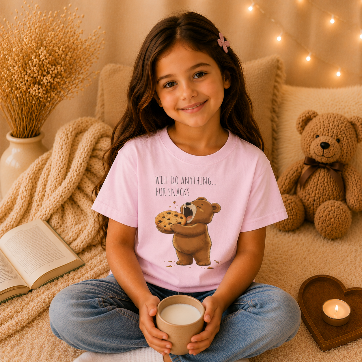 Will Do Anything for Snacks Kids T-Shirt |  Bear Graphic Tee | Youth XS-XL | Ages 4-14