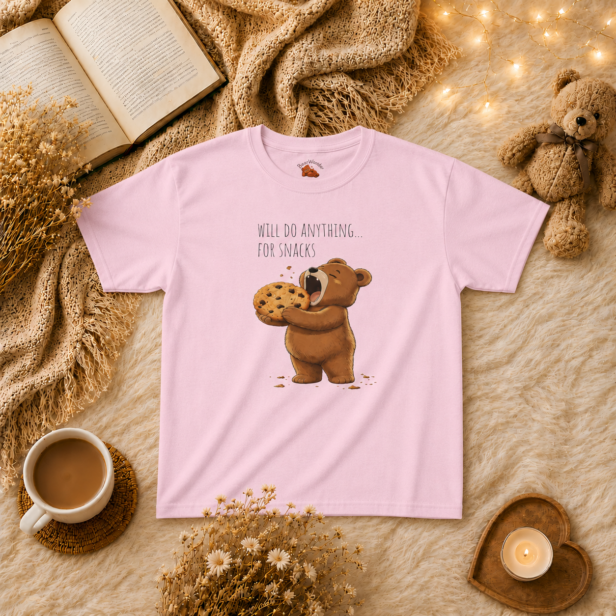 Will Do Anything for Snacks Kids T-Shirt |  Bear Graphic Tee | Youth XS-XL | Ages 4-14