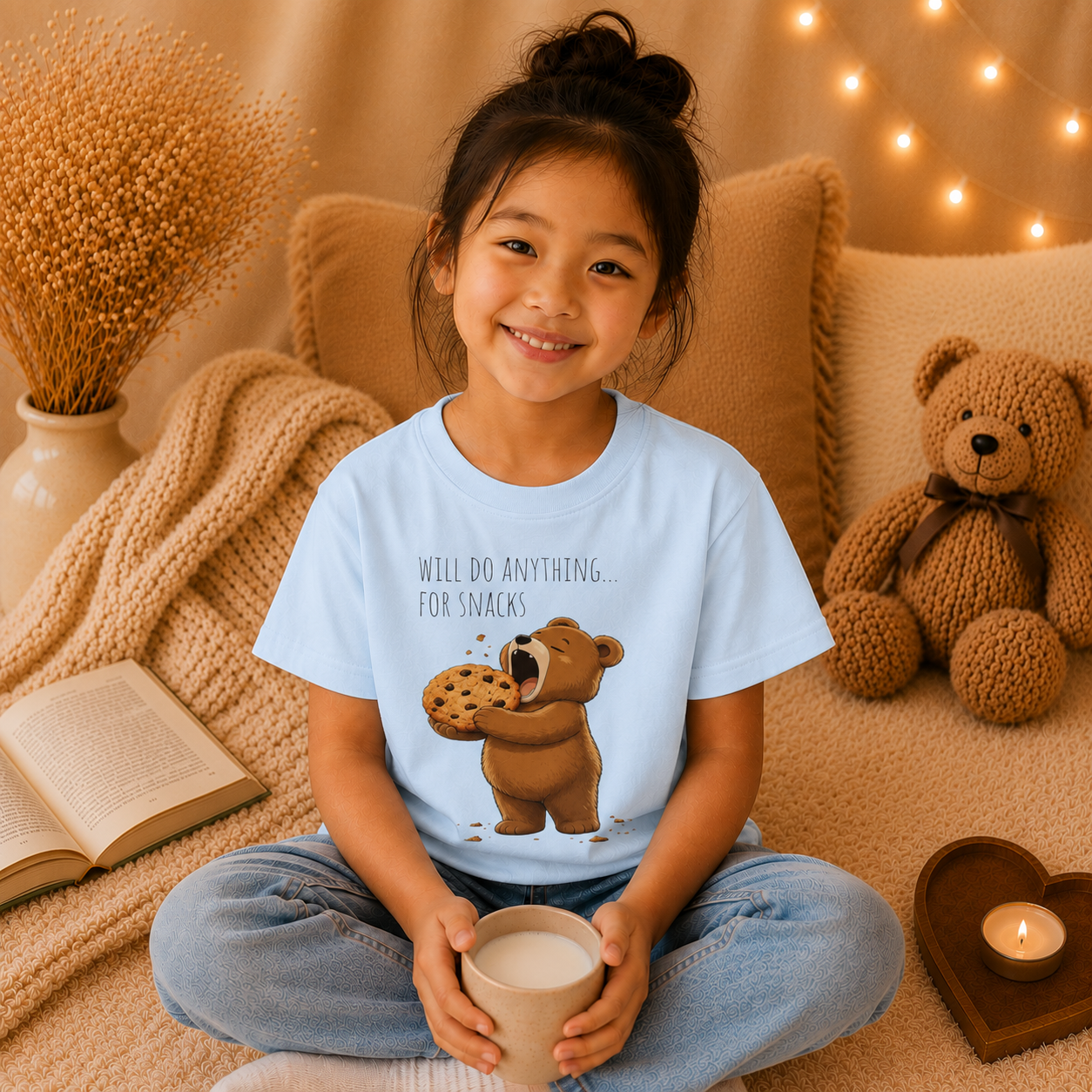 Will Do Anything for Snacks Kids T-Shirt |  Bear Graphic Tee | Youth XS-XL | Ages 4-14