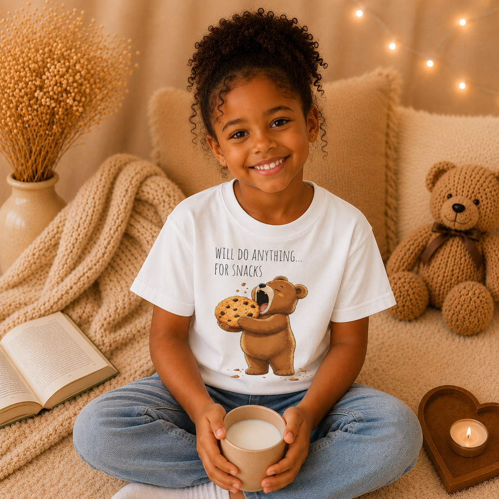 Will Do Anything for Snacks Kids T-Shirt |  Bear Graphic Tee | Youth XS-XL | Ages 4-14