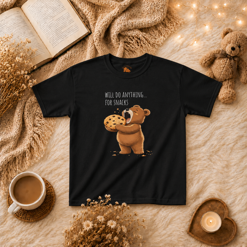 Will Do Anything for Snacks Kids T-Shirt |  Bear Graphic Tee | Youth XS-XL | Ages 4-14